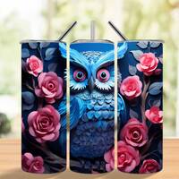 3D Owl Pink Roses 20 oz Skinny Tumbler Sublimation Design, Straight and Tapered Tumbler Wrap, 3D Owl