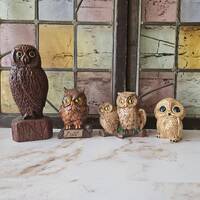 Vintage 70’s Owl Figurines Set 4 Ceramic and Wood Kitsch Decor