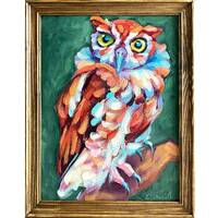 Owl Bird Oil Painting Original Animal Artwork Framed Wall Art 9x12 Inch
