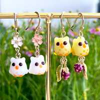 Tiny White / Yellow Owl Glass Bead Earrings, Cute Bird Miniature Jewelry, Gift for Owl Mom