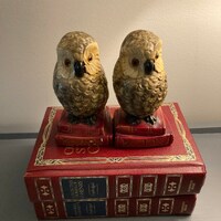 Chalkware Rockalite Vintage Owl Bookends Pair Wise Birds Knowledge Circa 1950s