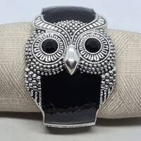 Vintage Black Enamel Black Glass Embossed Owl Hinged Bangle 6cm