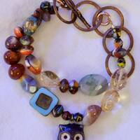 Earthtone Bracelet with vintage Ceramic Owl Charm, Boho, Eclectic