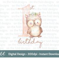 Owl 1st birthday clipart design, pink girly png Floral composition sublimation design PNG instant di