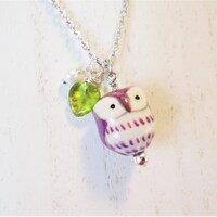 Owl Necklace Purple Ceramic Owl with Pearl and Leaf on Silver Chain Bird Lover Necklace Owl Jewelry
