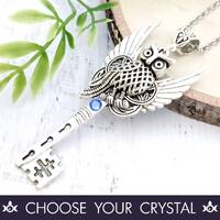 Skeleton Key Necklace "Guardian's Gaze" - Owl Key To My Heart Crystal Pendant, Woodlan