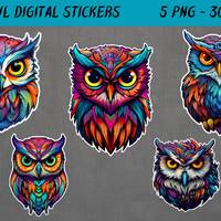 Fantasy Owl Stickers: Colorful PNG Clipart (Digital Download)