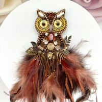 Handmade Beaded Owl Brooch: Feathered Rhinestone Bird Pin