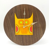 Groovy Retro 60s Owl Bright Color Wall Clock, Unique Bird Woodland Creature Vintage Collectible Deco
