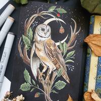Schleiereule (Original & Kunstdruck) - Owl Lover, Mond, Gothic, Tattoo Art, signierter Kunstdruc
