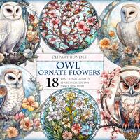 Owl and Ornate Flowers - Watercolor Clipart Bundle - HQ Printable PNG format instant download.