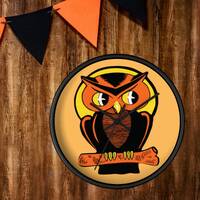 Wooden Wall Clock Orange Halloween Owl Yellow Moon Retro Vintage Illustration Fall Wall Decor Unique