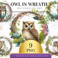 Set of 9, Watercolor Owl in Wreath Clipart, Owl Clipart, Owl Png, Watercolor Owl, Watercolor Birds, 
