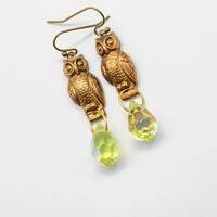 Owls W/ Jonquil Briolette Dangle Assemblage Earrings