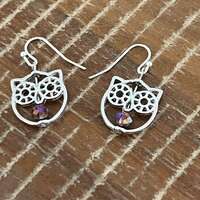 Silver Owl Earrings with Purple Faceted Beads