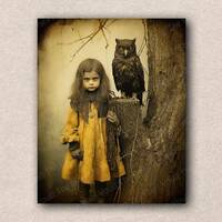 GIRL in a Yellow Coat, Owl Vintage Style Photo | Digital Download PNG | Halloween Scary Horror | Pap
