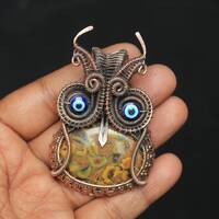 Owl Fruit Jasper Copper Wire Wrapped Pendant: Gemstone Necklace
