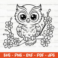 Owl SVG Outline Cut File. Baby owl svg, Floral Cute owl svg. Woodland animal svg. Bird svg. Kawaii s