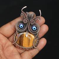 Owl Tiger Eye Gemstone Copper Wire Wrapped Pendant, Beautiful Owl Copper Wire Pendant Jewelry, Gift 