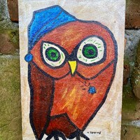 Owl In Nightcap Original Painting Signed V. Towne, Whimsical MCM Painting On Particleboard, OOAK Owl