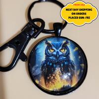 Blue Owl Glass Cabochon Keychain