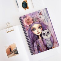 Owl And Girl Spiral Bound Front Cover Journal 1, Pop Surrealism, Violet and Purple, Fantastical Crea