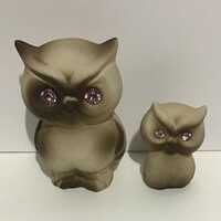 Vintage Pair Owl Figures Ceramic with Clear Jeweled Glass Eyes USA Grey & Brown