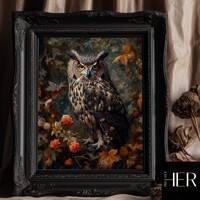 Owl in Autumn Forest core Dark Cottagecore Academia Floral Botanical Wall Art Decor Moody Victorian 