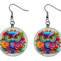 3D Looking Colorful Owl Earrings Jewelry Metal Button Novelty Earrings 1 inch diameter MADE in USA