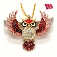 Betsey Johnson Owl Necklace/Pin Brooch Red Enamel + Pink & Clear AB Crystals NOS NWT 25" Pe