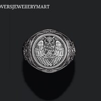 Silver Wise Owl All-Seeing Eye of Providence Ring, Sterling Silver Ring for Men | Gothic Men's R