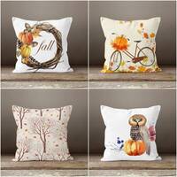 Fall Trees Pillow Cover|Autumn Cushion Case|Owl on Pumpkin Throw Pillowtop|Fall Print in Wreath Home