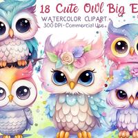Cute Owl Clipart, Watercolor Big Eyes Owls (Digital Download)