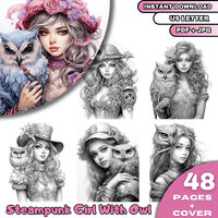 48 Steampunk Girl With Owl Coloring Book, Adults & Kids  Coloring Pages, Grayscale Coloring Book