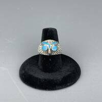 Antique Vintage Art Deco Art Nouveau SILVER & ENAMEL OWL Ring - Size O