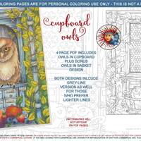 Cupboard Owls: Downloadable, printable 4-page PDF for coloring, vintage cupboard, owl, basket with b