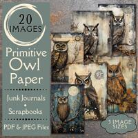 Primitive Owl junk journal paper. Distressed digital paper of vintage owls for junk journals and scr