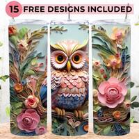 3D Owl And Flowers 20 oz Skinny Tumbler Sublimation Design | Straight & Tapered Tumbler Wrap | I