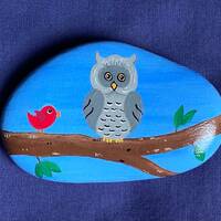 Owl Painted Rock: Hand-Painted Bird Stone Paperweight