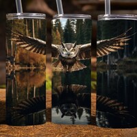 Owl with reflection in a lake, 20 Oz Skinny Sublimation Tumbler Wrap Digital Design, PNG File Downlo