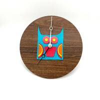 Handmade Neon Owl Bird Woodland Funky 60s Wood Wall Clock / Colorful Flourescent Unique Bird Animal 