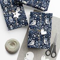 Blue White Owl Wrapping Paper Unique Gift Wrap Owl with Abstract Floral Pattern Navy Adorable Owls F