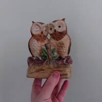 Vintage Owl Figurine Bird Ornament Brown Hoot Owl Ceramic Owl and Chick Barn Owl Kitsch