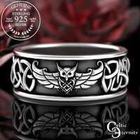 Trinity Knot Owl Ring, Sterling Viking Wedding Band, Mens Viking Ring, Celtic Bird Wedding Band, Sil