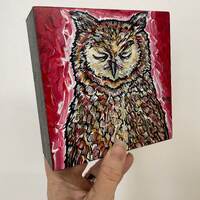 5x5” Tranquil Sleepy Owl original acrylic painting by Tracy Levesque