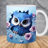 3D Owl Hole In Blue Wall Mug Wrap 11oz & 15oz Mug Template, 3D Bird Mug Sublimation Design Mug W