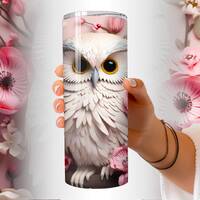 3D Cute White Owl Pink Flowers 20 oz Skinny Tumbler Sublimation Design, Straight Tumbler Wrap, Insta