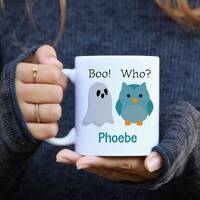 Personalized Halloween Mug, Pink Owl Mug or Blue Owl Mug, Retro Style Ghost Mug, Vintage Style Hallo