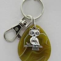 Yellow 'revitalizing' Agate crystal with Owl charm Keyring / bag accessory