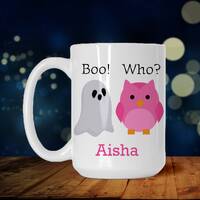Personalized Halloween Mug, Pink Owl Mug or Blue Owl Mug, Retro Style Ghost Mug, Vintage Style Hallo